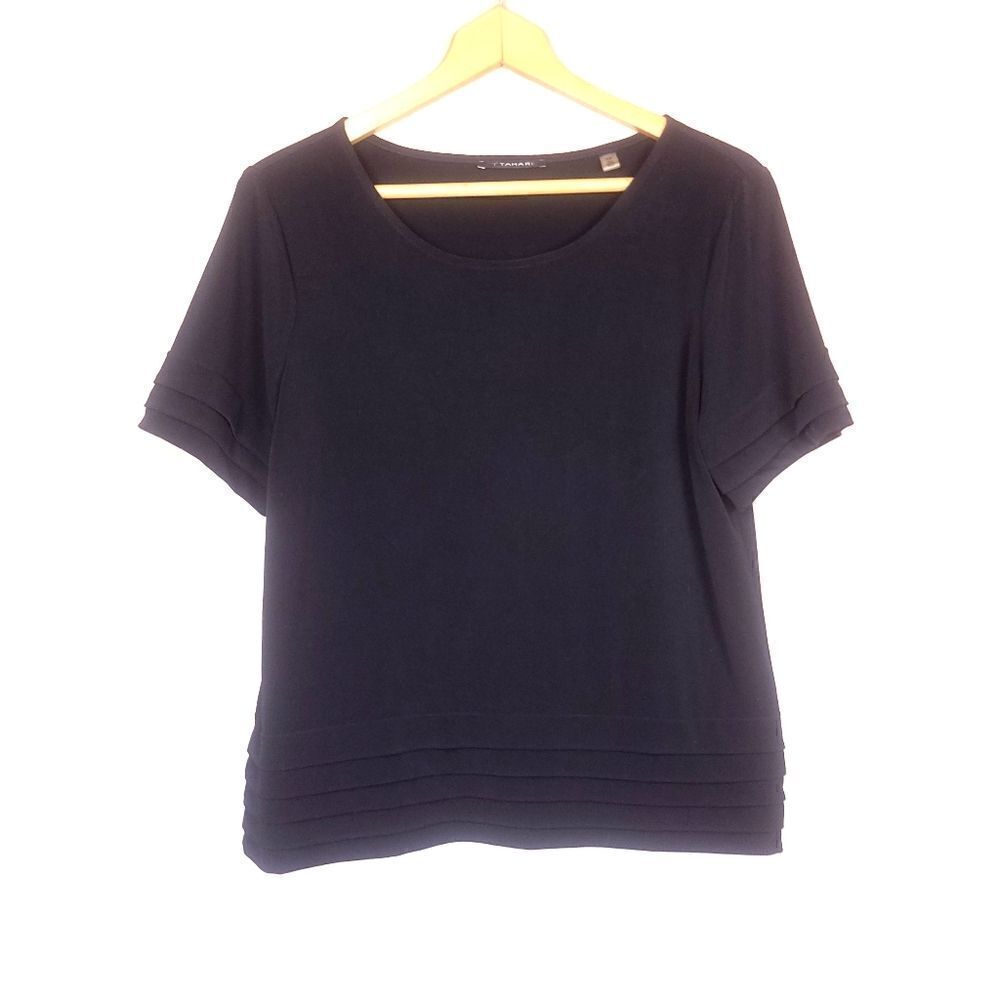 Tahari Black Short Layered Sleeve Stretchy Top Size Small